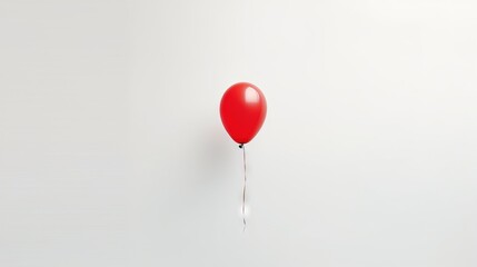  a single red balloon floating on a white wall with a string attached to it.  generative ai