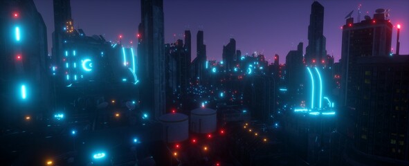 Neon urban future. Industrial zone in a futuristic city. Wallpaper in a cyberpunk style. Aerial view. Grunge cityscape with bright neon lights and huge futuristic buildings. 3D illustration.