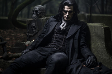 Halloween vampire in a graveyard sitting on a grave - obrazy, fototapety, plakaty