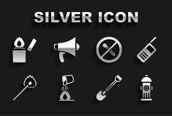 Set Bucket extinguishing fire, Walkie talkie, Fire hydrant, shovel, Burning match with, No, Lighter and Megaphone icon. Vector