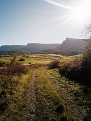 rural road or track in the ayala valley in summer with the Gorobel and Tologorri mountains in the background