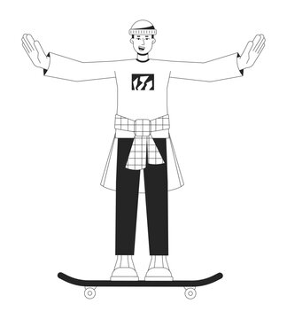 Handsome skater waving flat line black white vector character. Editable outline full body young man doing tricks on skateboard. Simple cartoon isolated spot illustration for web graphic design