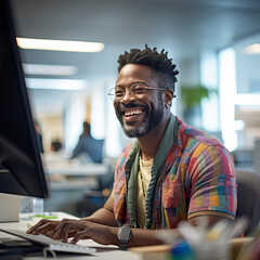 African American man in casual clothes smiling while working on computer in an office