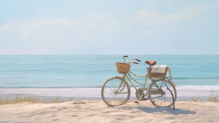  a bicycle parked on the beach with a basket on the back.  generative ai