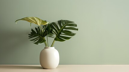  a white vase with a green plant in it on a table.  generative ai
