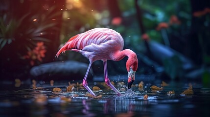  a pink flamingo drinking water from a pond of water.  generative ai