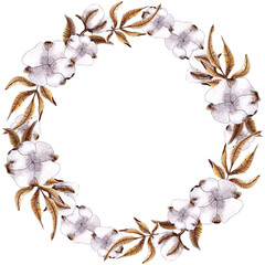 Autumn Fall Wreath Design with watercolor cotton flowers and dry leaves.