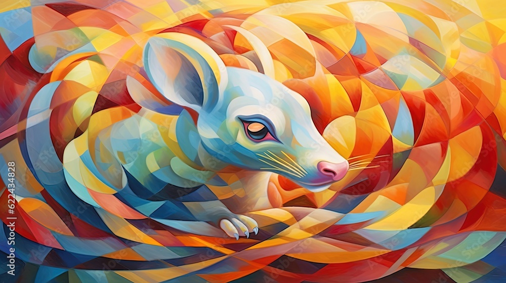 Poster a painting of a rat with a colorful background of circles. generative ai
