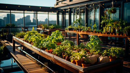 An Urban Farm on the Rooftop of a Corporate Building. Generative AI.