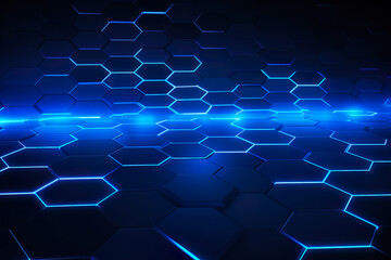 Obraz premium Abstract futuristic digital geometric technology hexagon background banner panorama illustration, seamless pattern - Dark blue glowing hexagonal 3d shape texture | Generative AI
