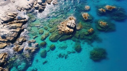 Fototapeta na wymiar an aerial view of a rocky beach with clear blue water. generative ai