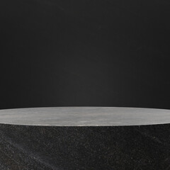 Stone table for product demonstration. Black stone cylinder for product advertising. 3d 