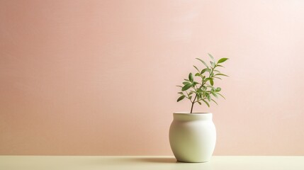  a white vase with a plant in it on a table.  generative ai