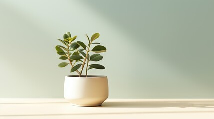  a plant in a white pot on a table with a green wall in the background.  generative ai