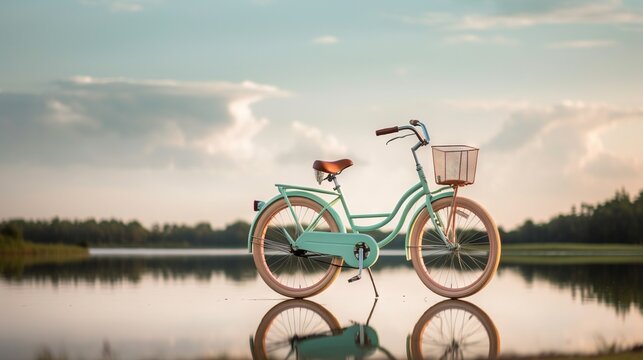  a blue bike parked next to a lake with a basket on the front.  generative ai