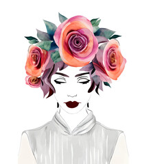 Portrait woman with flowers on head, wreath from roses, watercolor vector