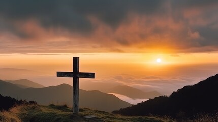 Christian religious cross on mountain, symbol of faith, night clouds background, lightning. AI generated.