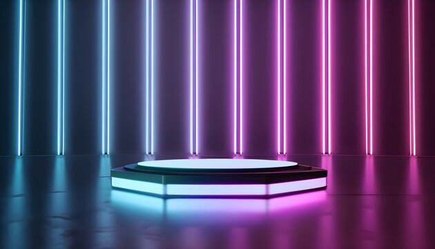 Stage with Neon lights: black and white podium with neon lights on background , generative AI