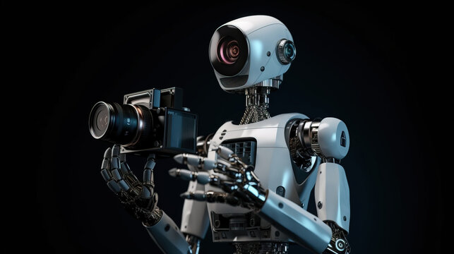 Robot, artificial intelligence, takes pictures with a camera, the concept of Photographer Day. AI generated.