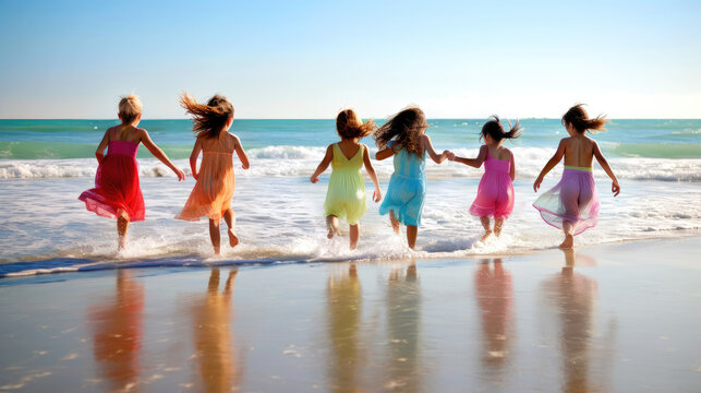 Girls kids play in the water on the summer sea beach. Beach holidays travel concept. Fun in summer sea water. Generative ai