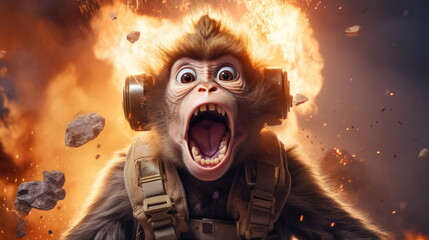 Portrait of a frightened monkey in the background of the explosions. The concept of maladaptive aggression. Monkey with a grenade. Generative AI