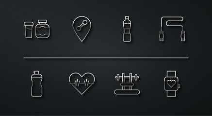 Set line Sports nutrition, Fitness shaker, Jump rope, Bench with barbel, Heart rate, Location gym, Smart watch and Bottle of water icon. Vector