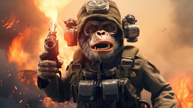Portrait of an angry monkey with a grenade against a backdrop of explosions. The concept of maladaptive aggression. Monkey with a grenade. Generative AI