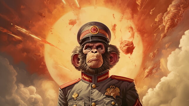 Portrait of an arrogant monkey on the background of an explosion. The concept of maladaptive aggression. Monkey with a grenade. Generative AI