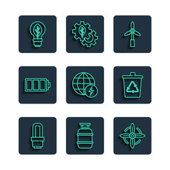 Set line LED light bulb, Propane gas tank, Wind turbine, Global energy power planet, Battery, Light with leaf and Recycle recycle icon. Vector