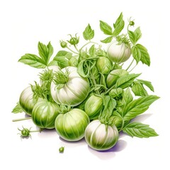 A pile of Tomatillo and their flowers and leaves. Generative AI