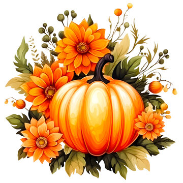Floral watercolor fall pumpkin clipart with transparent background, created with generative AI technology