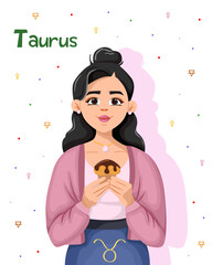 Astrology concept. A cute girl is holding a cupcake in her hands. Taurus Zodiac sign. Girl with black hair isolated on white background