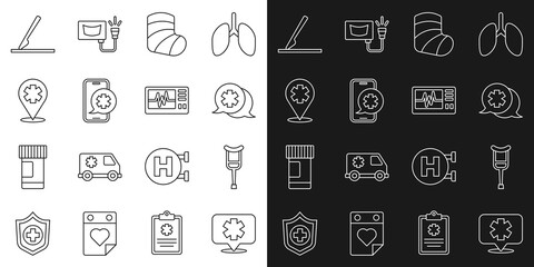 Set line Medical symbol of the Emergency, Crutch or crutches, Dialogue with doctor, Gypsum, phone call, Location cross hospital, surgery scalpel and Monitor cardiogram icon. Vector