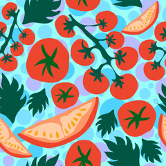 Tomatoes vegetation with polka dot textured background seamless vector repeat pattern. Suitable for tiles, decorations, fabric, textile, textures and wrapping paper.
