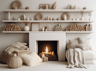 Fototapeta na wymiar Wicker baskets with firewood and white fireplace in cozy living room. Created with Generative AI technology.
