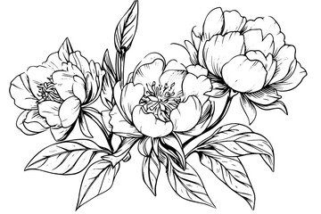 Peony flower and leaves drawing. Vector hand drawn engraved ink illustration