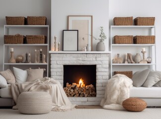 Wicker baskets with firewood and white fireplace in cozy living room. Created with Generative AI technology.