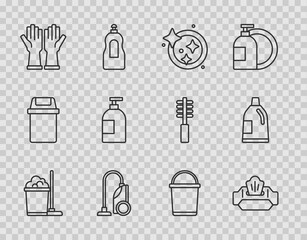 Set line Mop and bucket, Wet wipe pack, Washing dishes, Vacuum cleaner, Rubber gloves, Dishwashing liquid bottle, Bucket and Bottle for cleaning agent icon. Vector - obrazy, fototapety, plakaty
