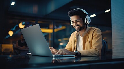 excited and futuristic young Indian man working on laptop with headphone generative ai - obrazy, fototapety, plakaty