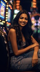 Young indian girl sitting near casino machine generative ai