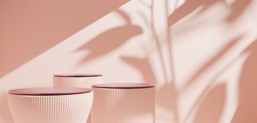 Pink empty podium or pedestal for product presentation on three floors, showcase for product. Pink mockup platforms on peachy background. 3d rendering