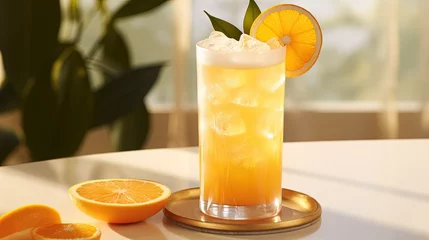 Foto op Plexiglas  a glass of orange juice with a slice of orange on the side.  generative ai © Anna