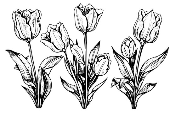 Hand drawn art of tulips branches. Flower isolated on white background. Vintage vector illustration