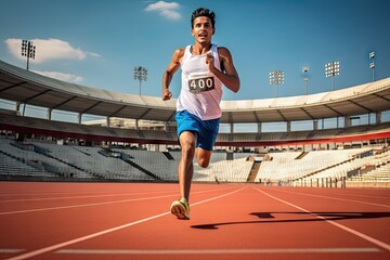 Indian athletic running in the stadium generative ai - obrazy, fototapety, plakaty