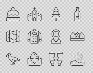 Set line Albatross, Northern lights, Tree, Iceberg, Beanie hat, Sweater, Binoculars and Norwegian wooden house icon. Vector