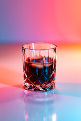 a glass of cola with ice cubes and colourful background