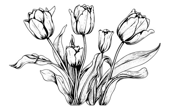 Hand drawn art of tulips branches. Flower isolated on white background. Vintage vector illustration