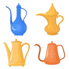 Set of beautiful Arabic jugs in a cartoon style. Vector illustration of Arabic jugs of various colors and shapes with beautiful floral and geometric designs isolated on white background.