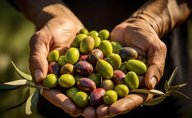 Gordijnen Hand holds olives. Pattern of green and black olives. Generative AI. © Curioso.Photography