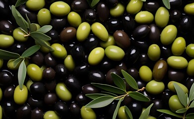 Pattern of green and black olives. Generative AI.